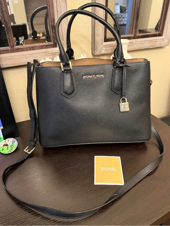 Michael Kors Black Pebbled Leather Satchel Crossbody Bag Purse - Picture 1 of 16